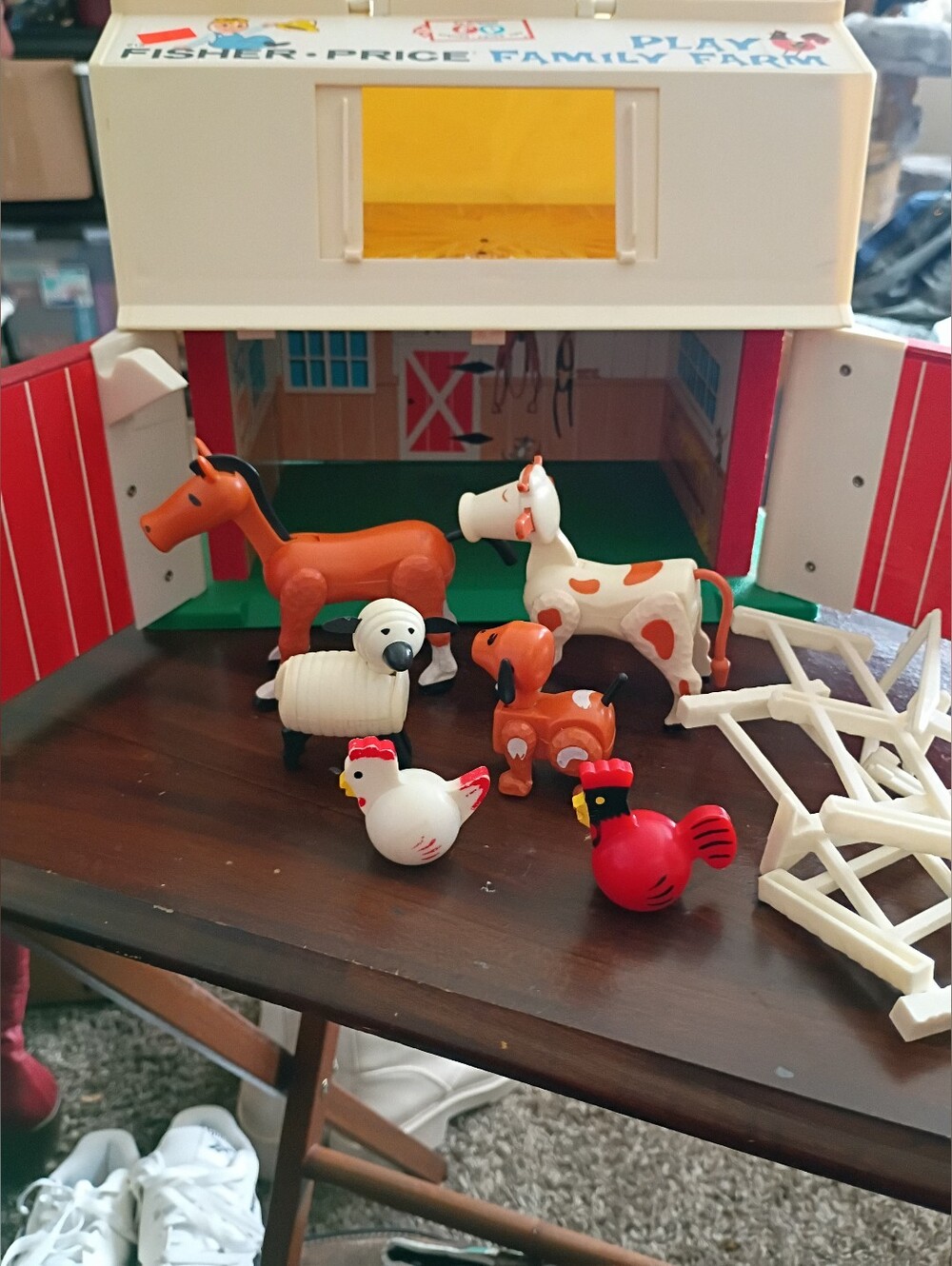 1967 Fisher-Price Farm Playset with Red Rooster, White Hen, Orange Horse
